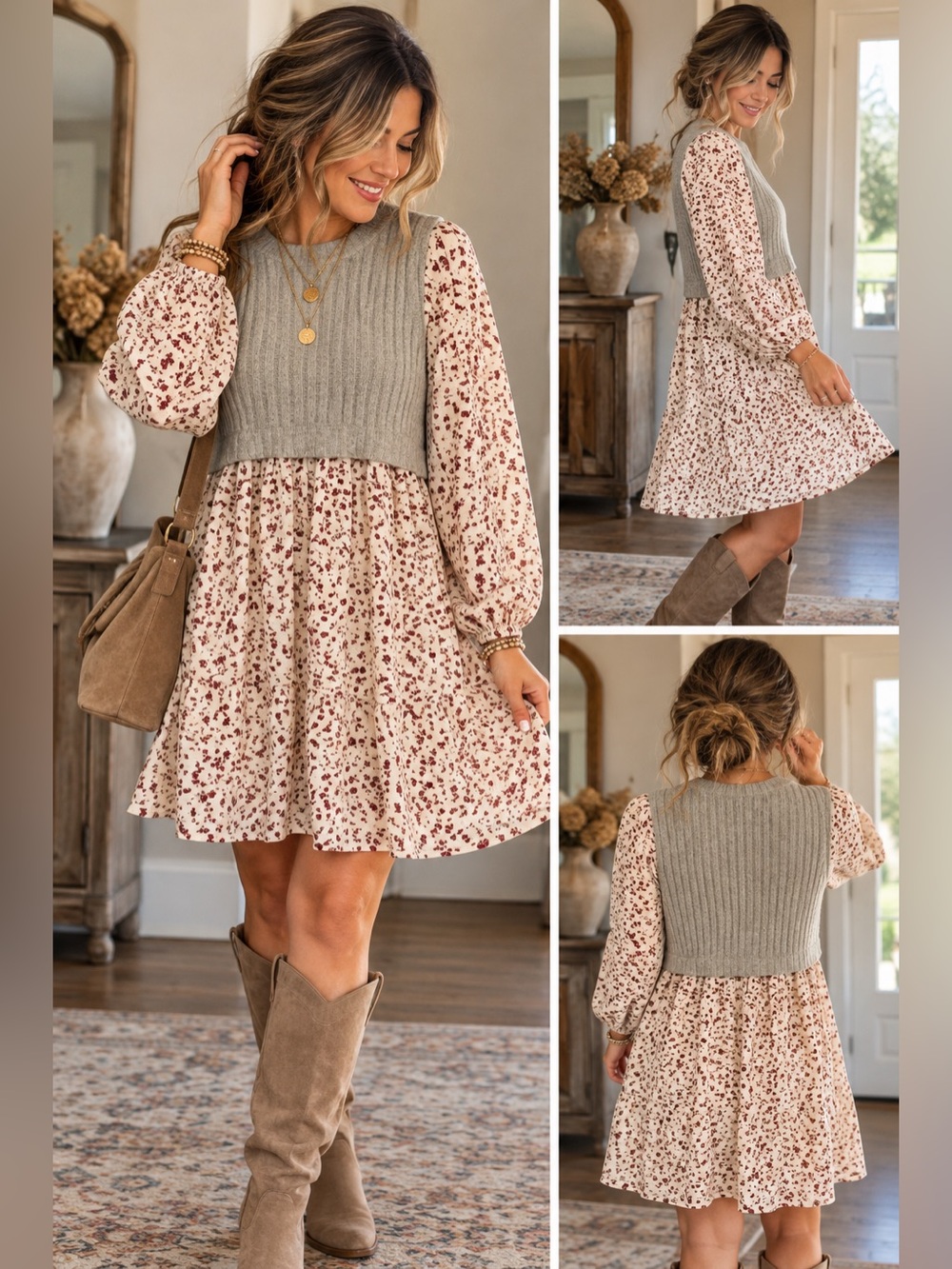 Cream Floral Long-Sleeve Dress with Gray Knit